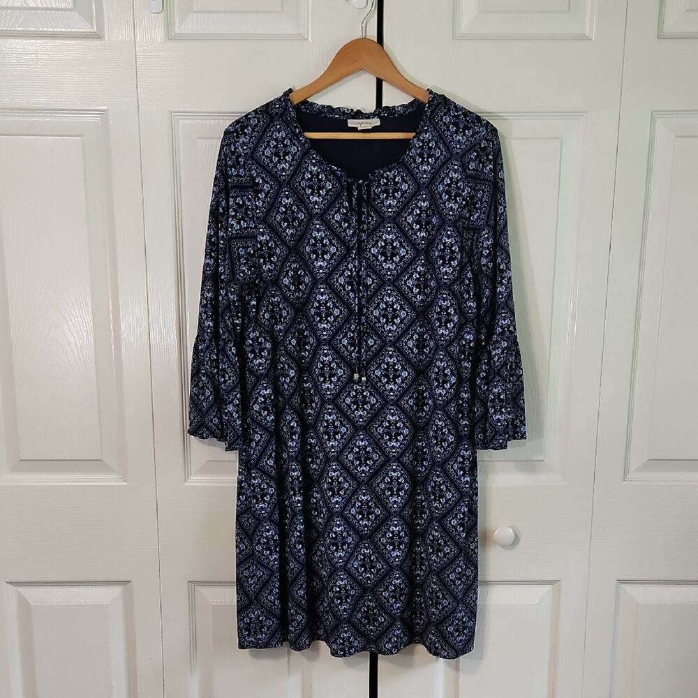 Style & Co Blue Floral Knee Length Dress Size XL Beaded Tie Flare Sleeve Boho